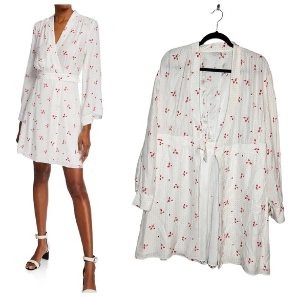 Equipment Femme 100% Silk White Red Floral Black Dot Long-Sleeve Wrap Dress 10